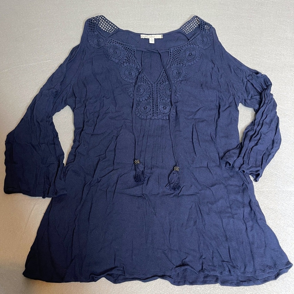 Cottagecore Cold Shoulder Boho‎ Peasant Shirt Crochet Lace Top Navy